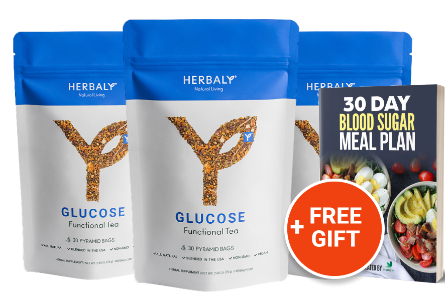 Three Glucose Functional Tea bags and a 30-day blood sugar meal plan book.