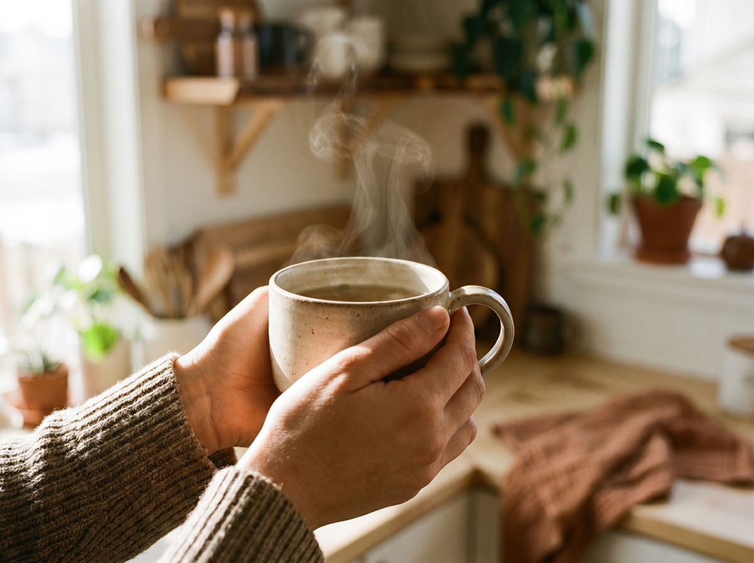 Person in green robe pouring coffee with head on kitchen counter.