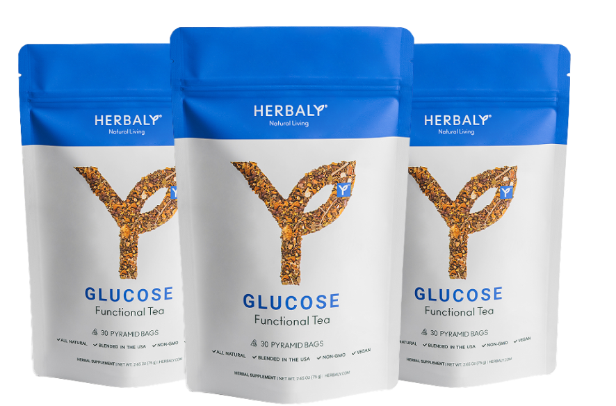 Three packages of HerbaLy Glucose Functional Tea.