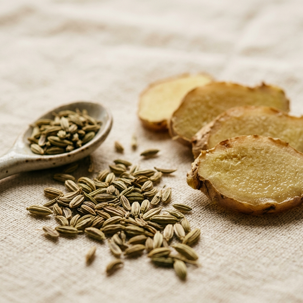 A close-up of sliced ginger root and fennel seeds on a cloth surface with a small spoon.