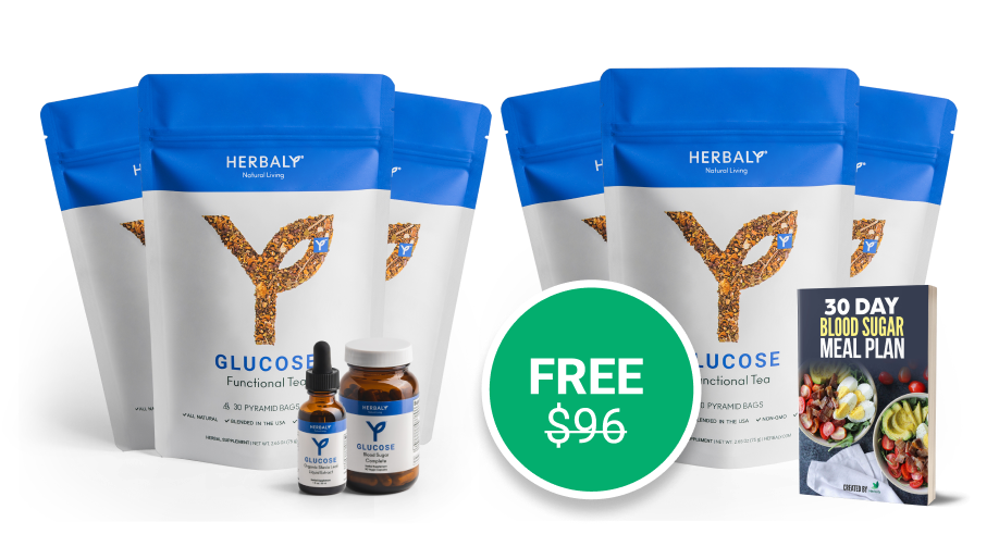 Herbaly Glucose Functional Tea packs, supplements, and a 30-day blood sugar meal plan book.