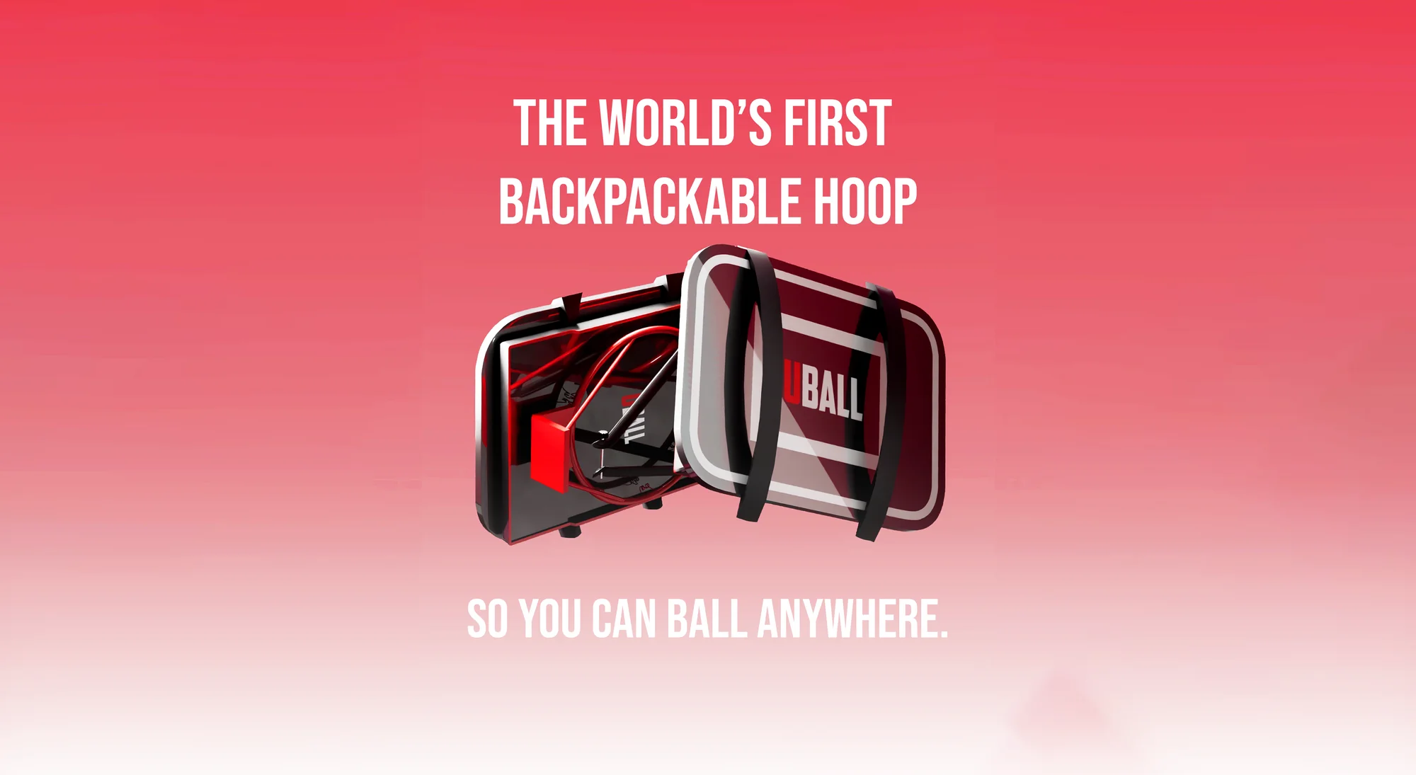 Red backpack with a portable basketball hoop inside, text reads 'The World's First Backpackable Hoop.'