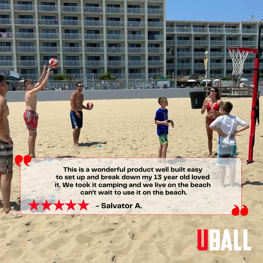 People playing beach volleyball near a hotel, with a product review overlay.