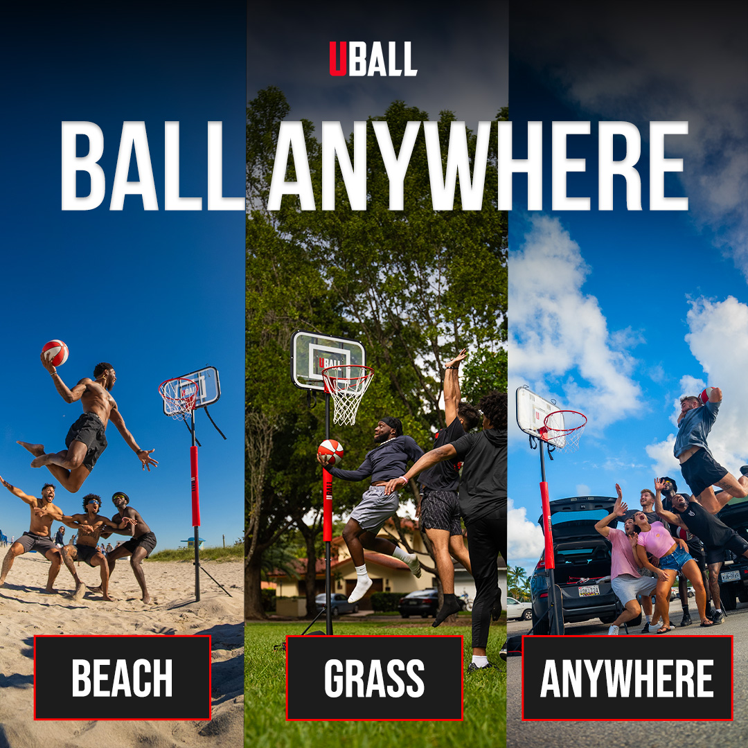 Three images of people playing basketball on beach, grass, and street.