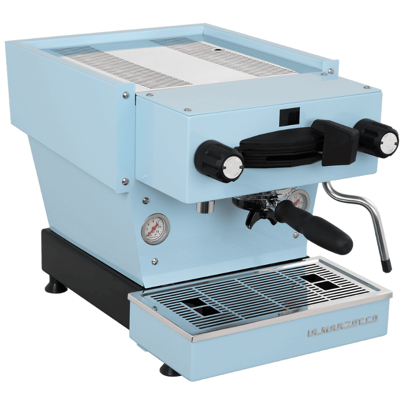 Light blue espresso machine with a steam wand and pressure gauge.