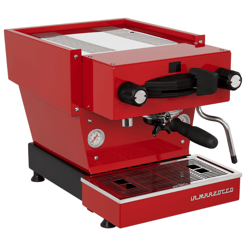 Red espresso machine with a steam wand and pressure gauge.