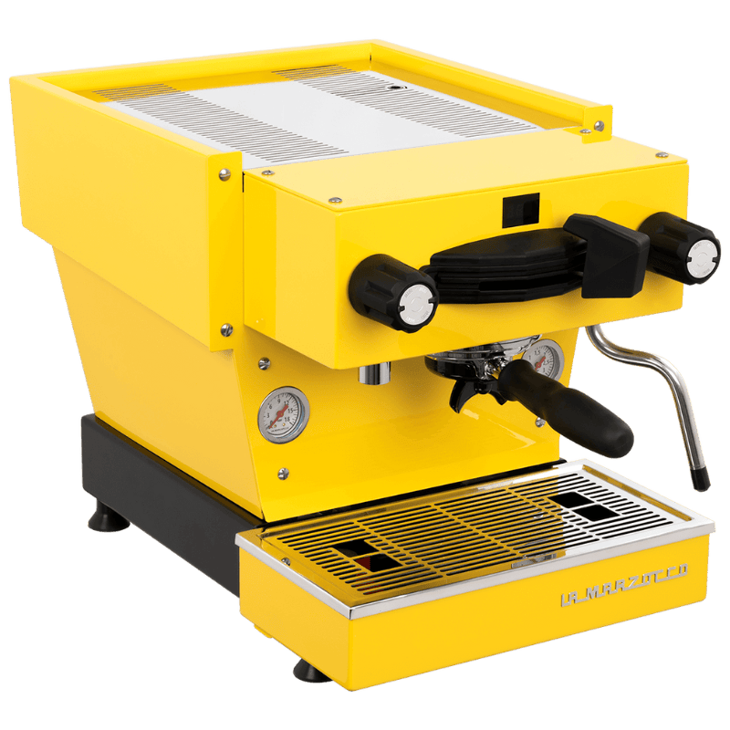 Yellow espresso machine with a steam wand and pressure gauge.