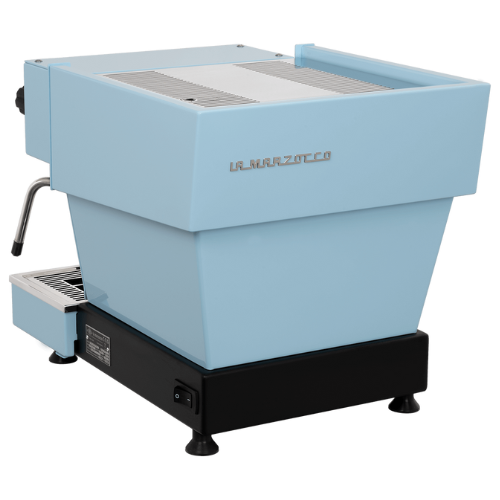 Light blue espresso machine with a black base and a steam wand.