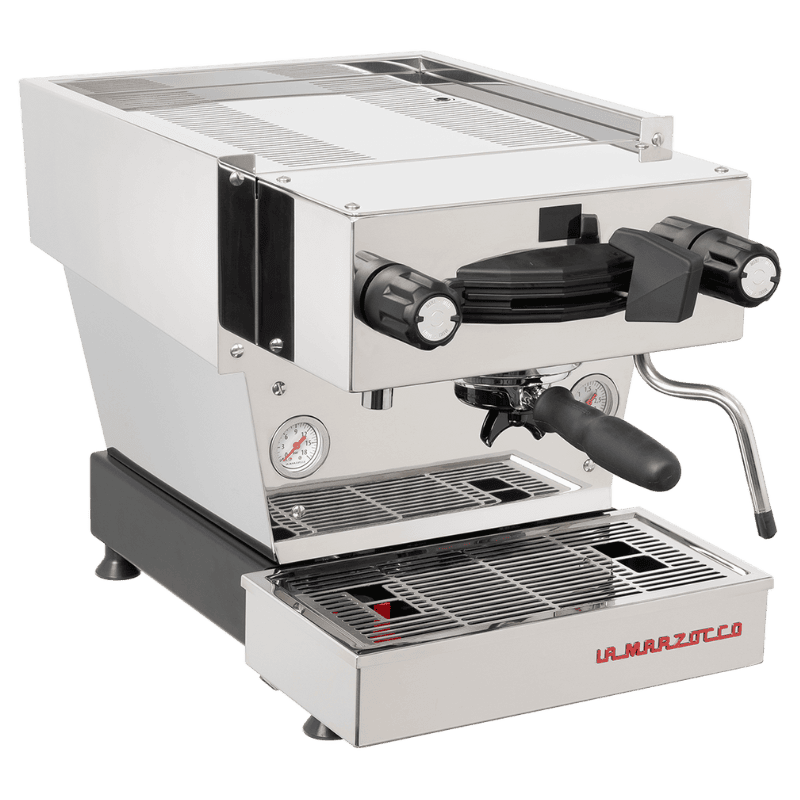 Stainless steel espresso machine with pressure gauges and steam wand.