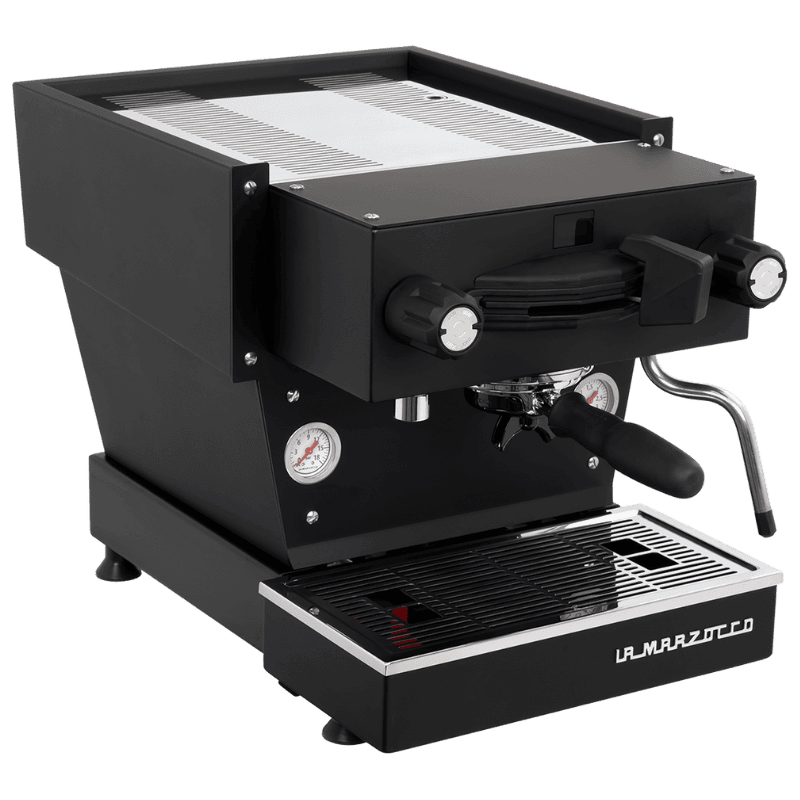 Black espresso machine with a steam wand and pressure gauge.