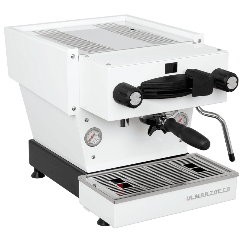 White espresso machine with pressure gauges and steam wand.