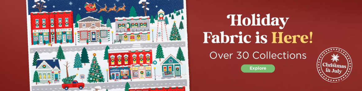 Festive town illustration with holiday fabric advertisement on a red background.