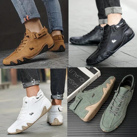 Four pairs of casual shoes in brown, black, white, and green displayed on a tiled floor.