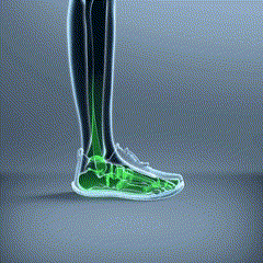 X-ray view of a leg and foot with highlighted bones in green.
