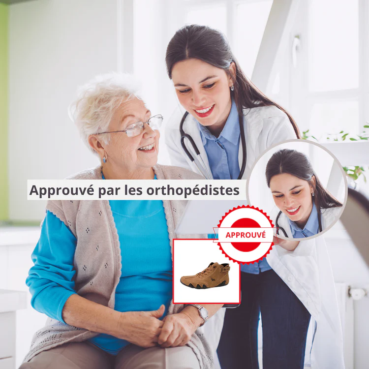 Doctor and elderly woman smiling, with orthopedic shoe approval badge.