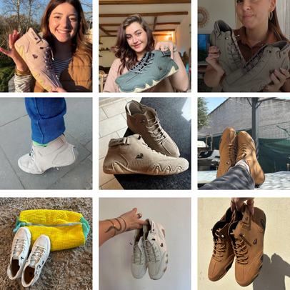 Collage of people holding and wearing various styles of hiking boots.