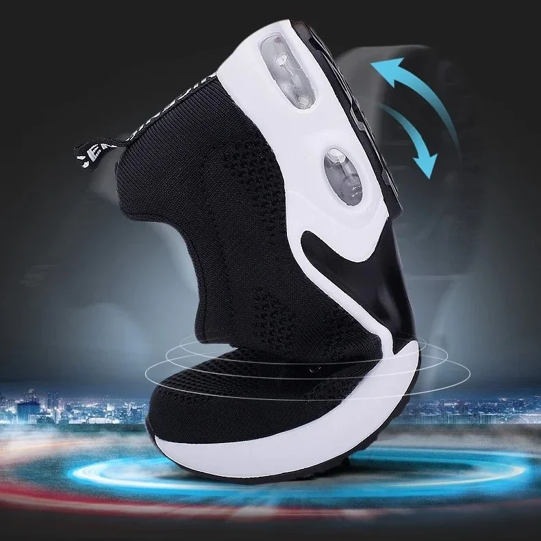 Black and white sneaker with air cushioning and motion arrows.