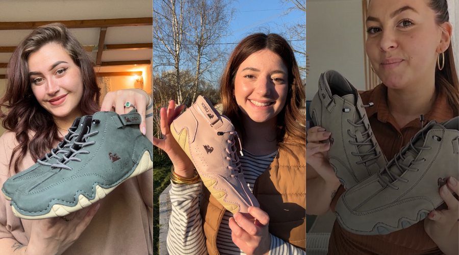 Three women each holding a different colored sneaker.