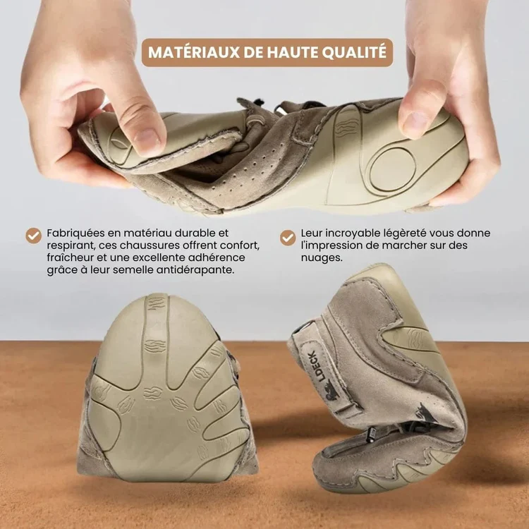 Hands bending a flexible shoe with text about high-quality materials.
