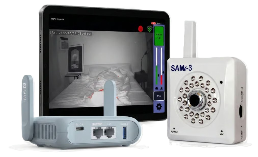 A security monitoring system including a SAMi-3 camera, a router, and a tablet displaying a night-vision bedroom feed.