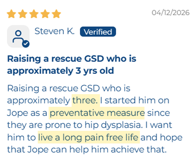 A screenshot of a verified, five-star customer review from Steven K. about his rescue dog.