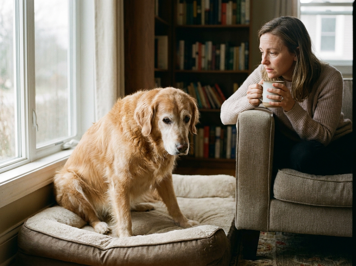 A woman holding a mug sits on a couch looking at an elderly golden retriever on a dog bed.