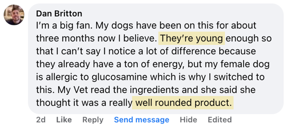A screenshot of a positive review by Dan Britton for a pet product, with key phrases highlighted.