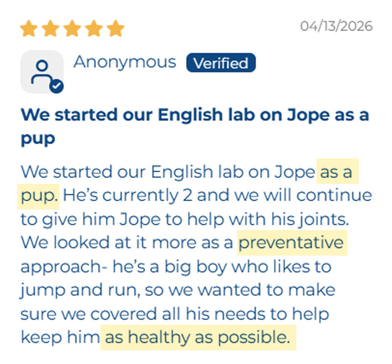 A five-star anonymous, verified review for a product called Jope, dated 04/13/2026.
