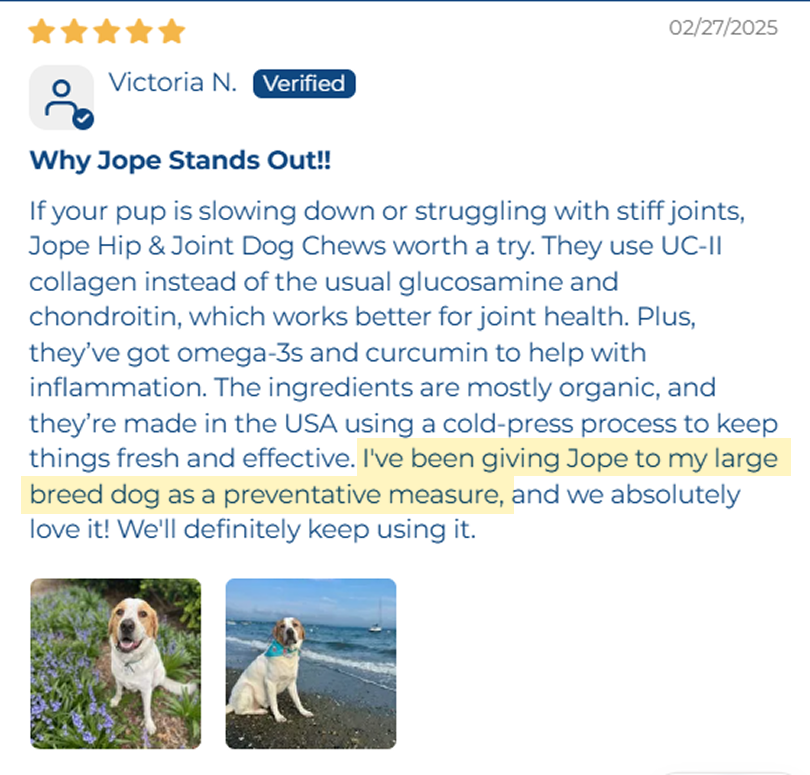 A 5-star verified customer review for Jope dog chews, with photos of a beagle-like dog.