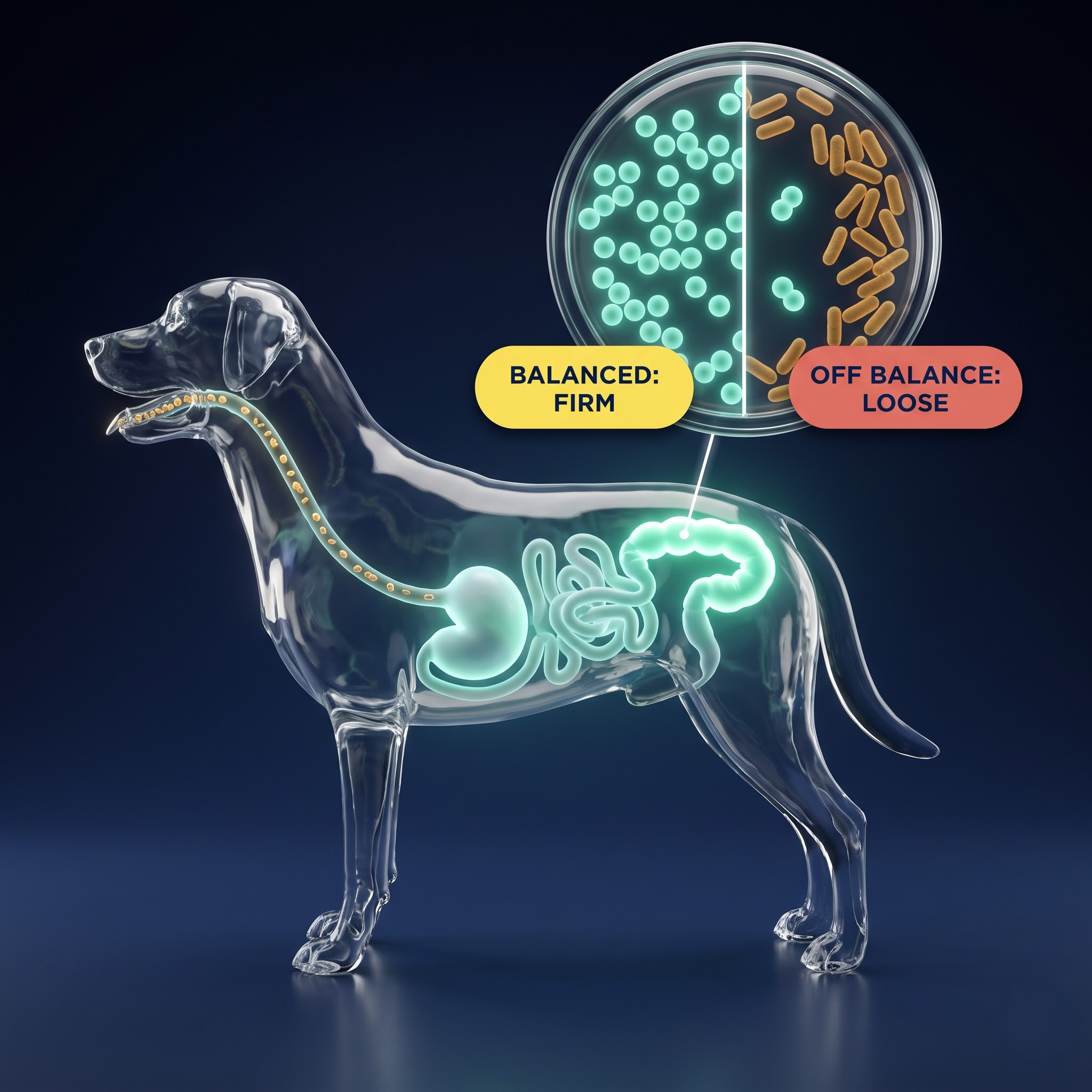 A transparent dog illustration showing the digestive system and a diagram of balanced versus off-balance gut bacteria.