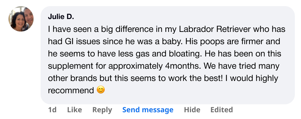 A screenshot of a positive social media review by Julie D. for a pet supplement.