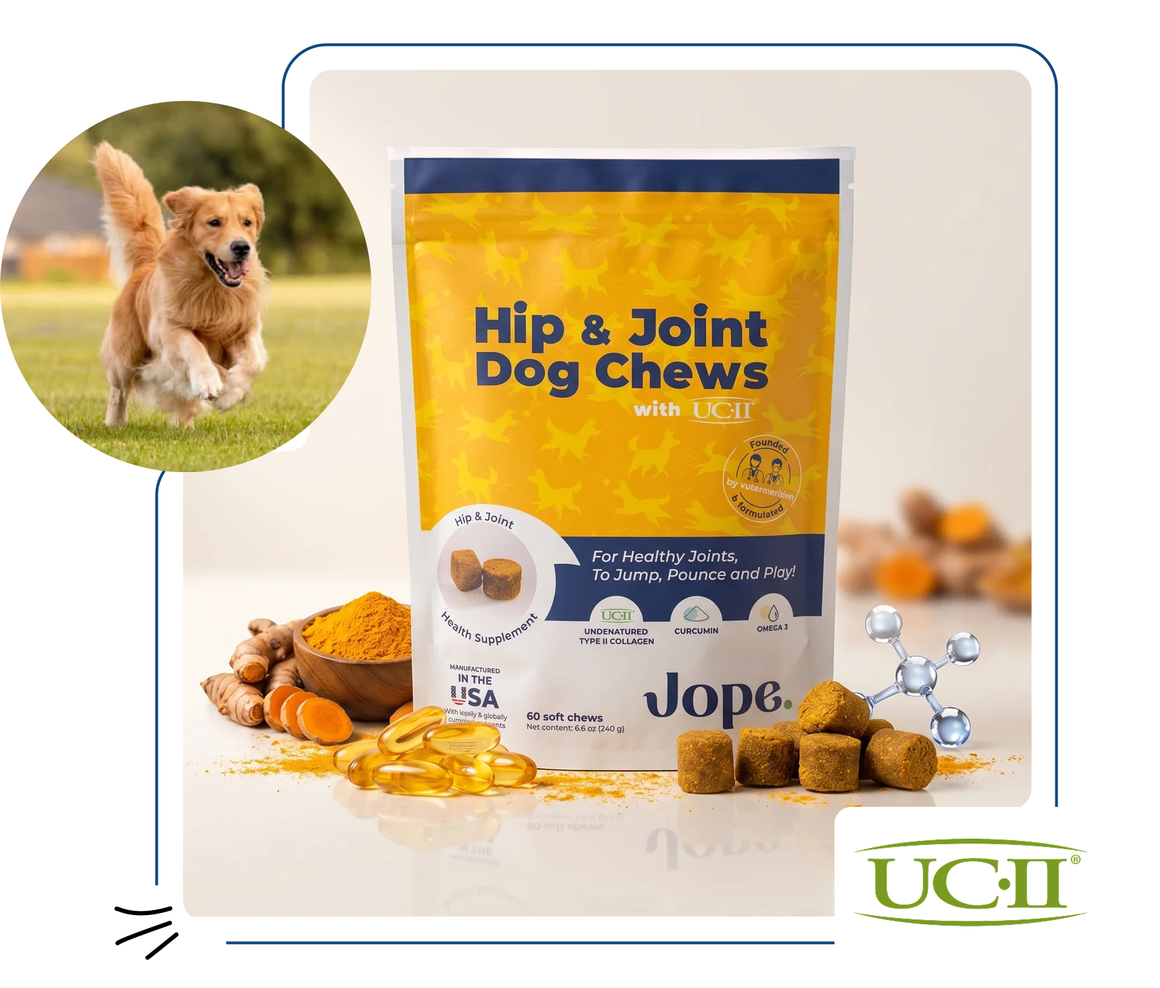 A bag of Jope Hip & Joint Dog Chews with ingredients and a running golden retriever.