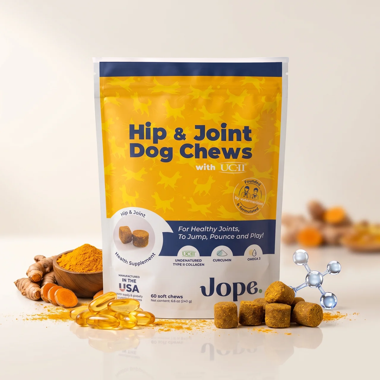 A bag of Jope Hip & Joint Dog Chews surrounded by ingredients like turmeric root and omega-3 capsules.