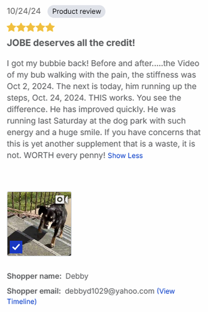 A screenshot of a five-star product review from a customer, including a photo of their dog on stairs.