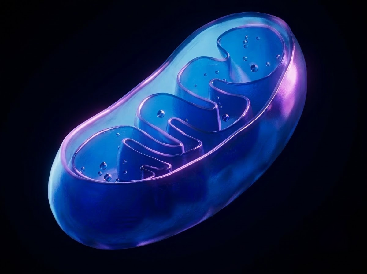 A stylized 3D rendering of a mitochondrion's cross-section in translucent blue and purple against a black background.