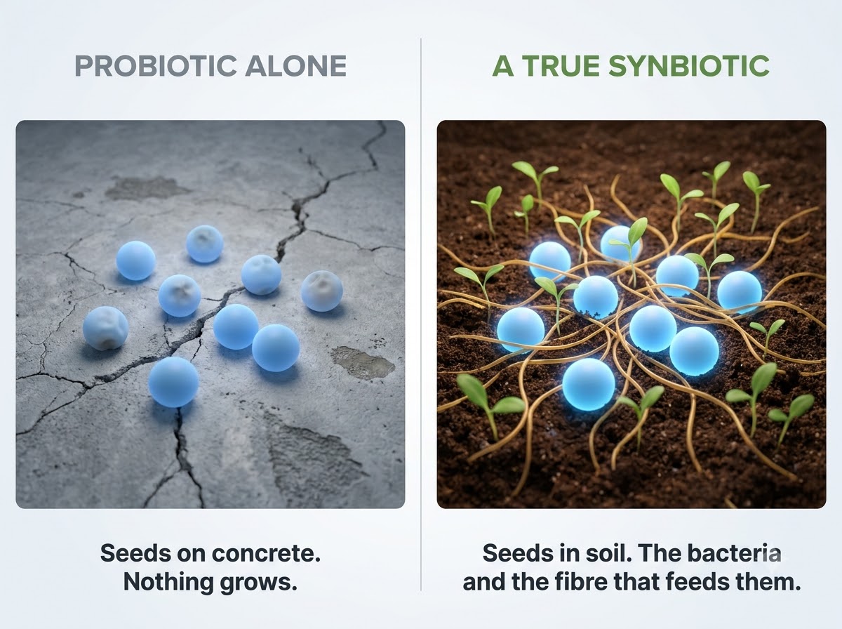 A comparison showing blue spheres on concrete versus blue spheres in soil with green sprouts growing.