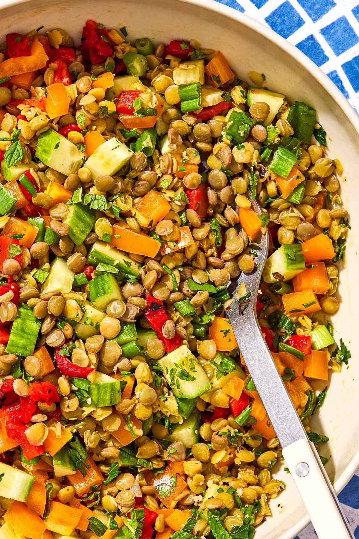 A close-up overhead shot of a lentil salad with chopped vegetables in a white bowl with a fork.