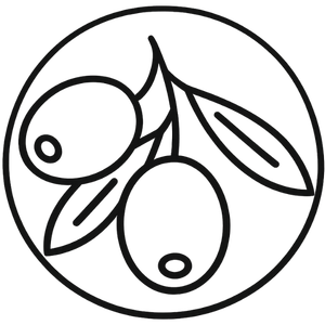A circular black and white line drawing of two olives on a branch with leaves.