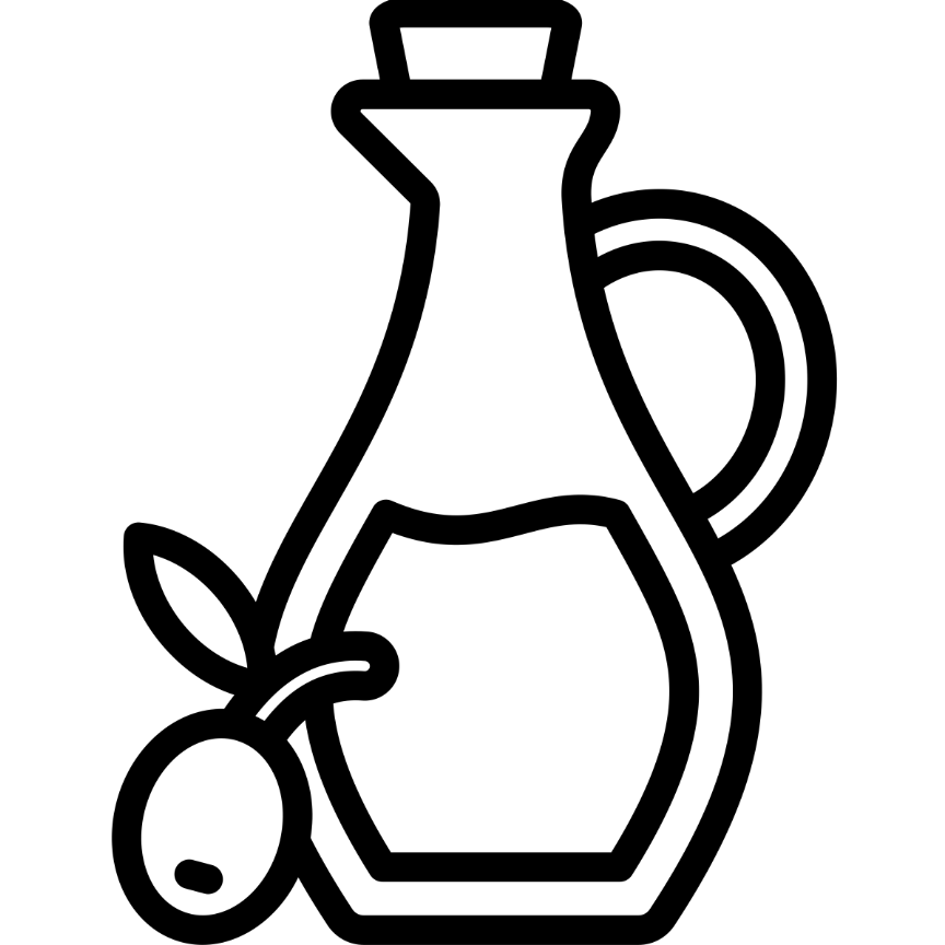 Line drawing of an olive oil bottle with an olive.