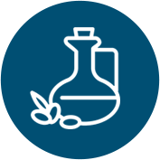 A white line icon of an olive oil jug and a small olive branch on a blue background.