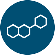 A white line drawing of a chemical structure, composed of three hexagons, on a dark blue square background.