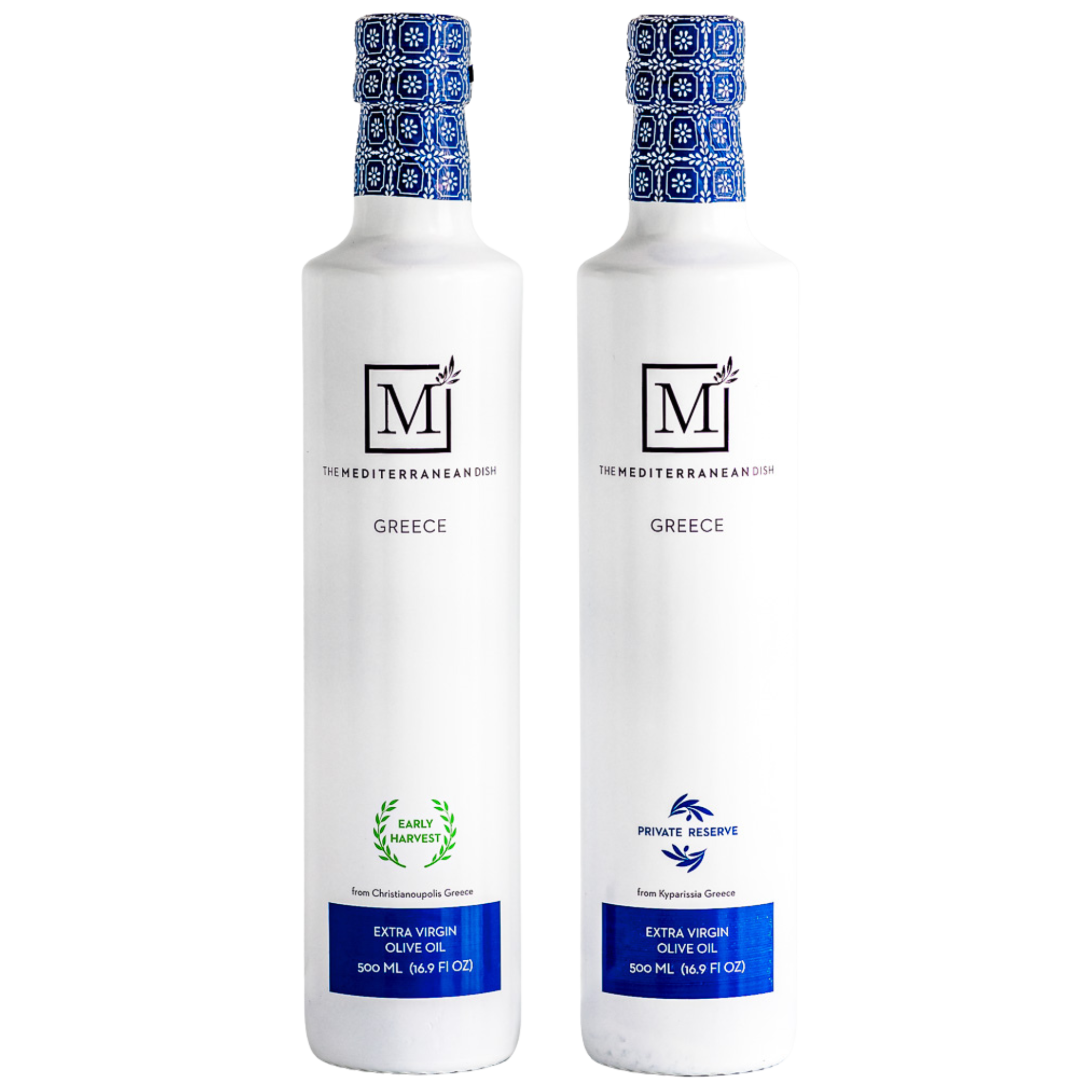 Two white bottles of Greek extra virgin olive oil with blue caps.