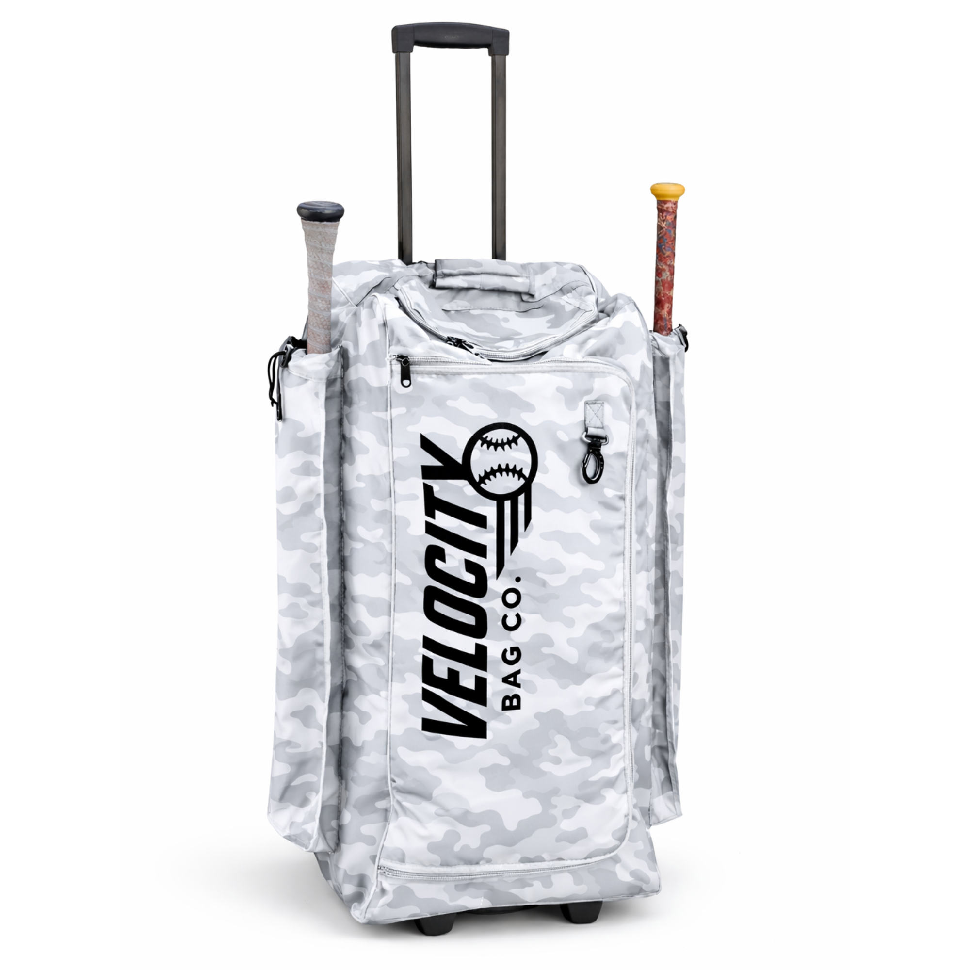 A white and grey camouflage rolling baseball bag with a telescoping handle and two bats.