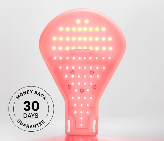 Red LED light therapy device with 30-day money-back guarantee badge.
