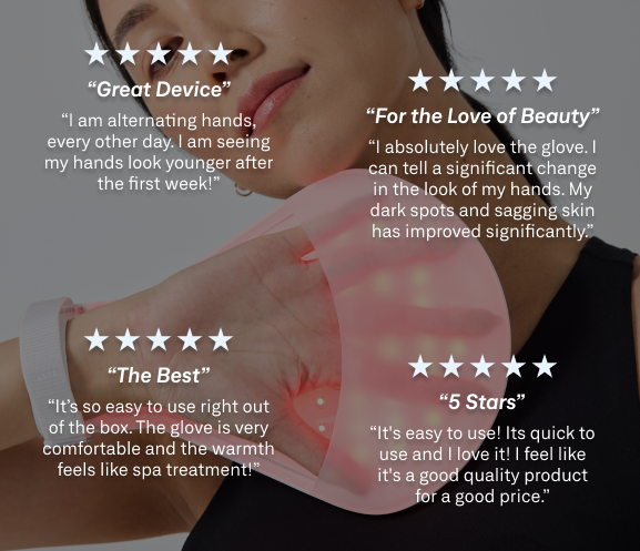 Person using a glowing hand device with text reviews and star ratings.