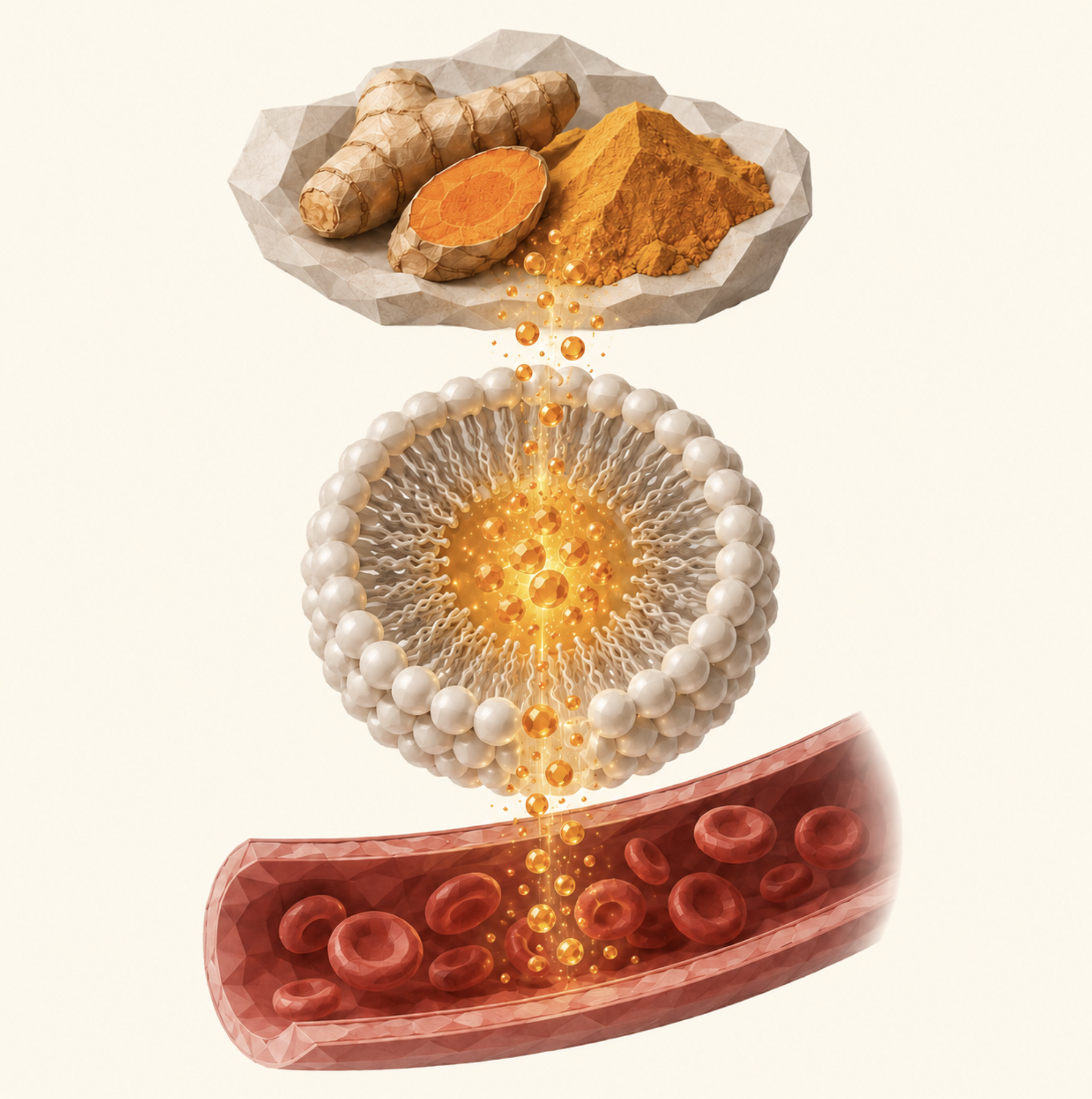 An illustration showing turmeric being absorbed into a liposome and entering the bloodstream with red blood cells.