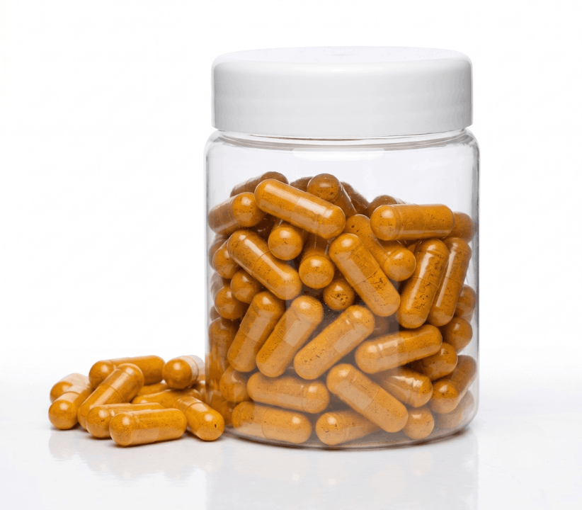A clear jar with a white lid is filled with orange capsules, with a few spilled out.