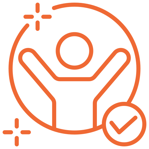 Orange outline of a person with arms raised, surrounded by a circle and checkmark.
