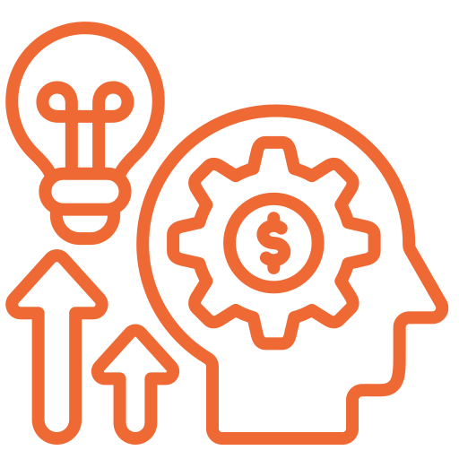 Outline of a head with a gear and dollar sign, lightbulb, and upward arrows.
