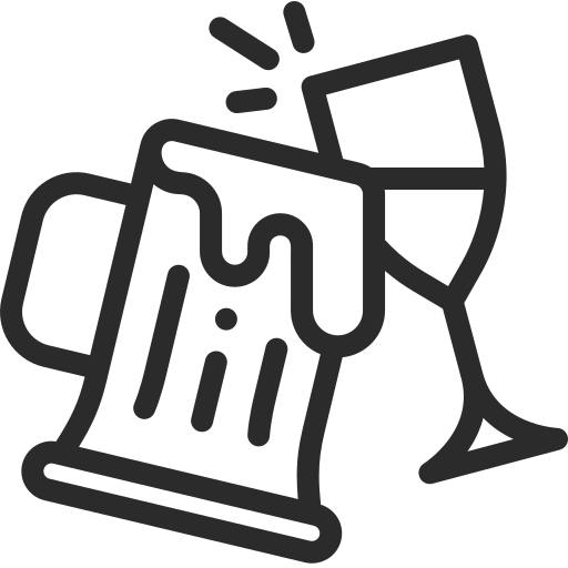 Outline of a beer mug and wine glass clinking together.